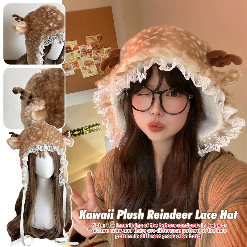 Kawaii Ear Lace Winter Hat Faux Fur Plush Reindeer Socks Furry Boots Cover Gothic Cap Leg Warmer Performance Costume Bomber Hat