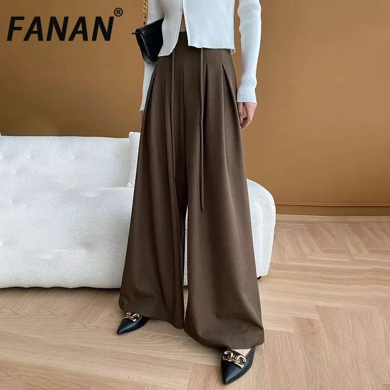 

FANAN Drawstring Design Pants Women's High Waist Straight Wide Leg Trousers Office Lady Fashion Clothing Female 2025 Spring New