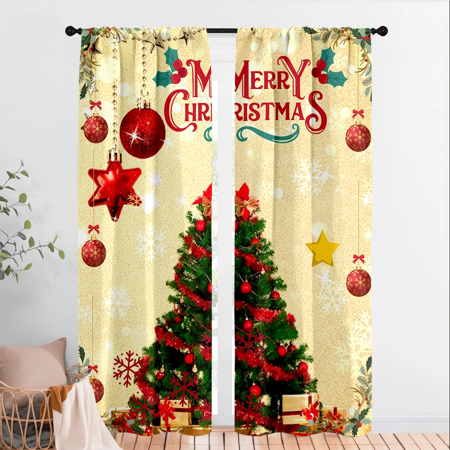 2PCS Christmas Digital Print Curtains, Merry Christmas Tree Ornaments Stars Gifts, Festive for Living Room Bedroom Window Decor