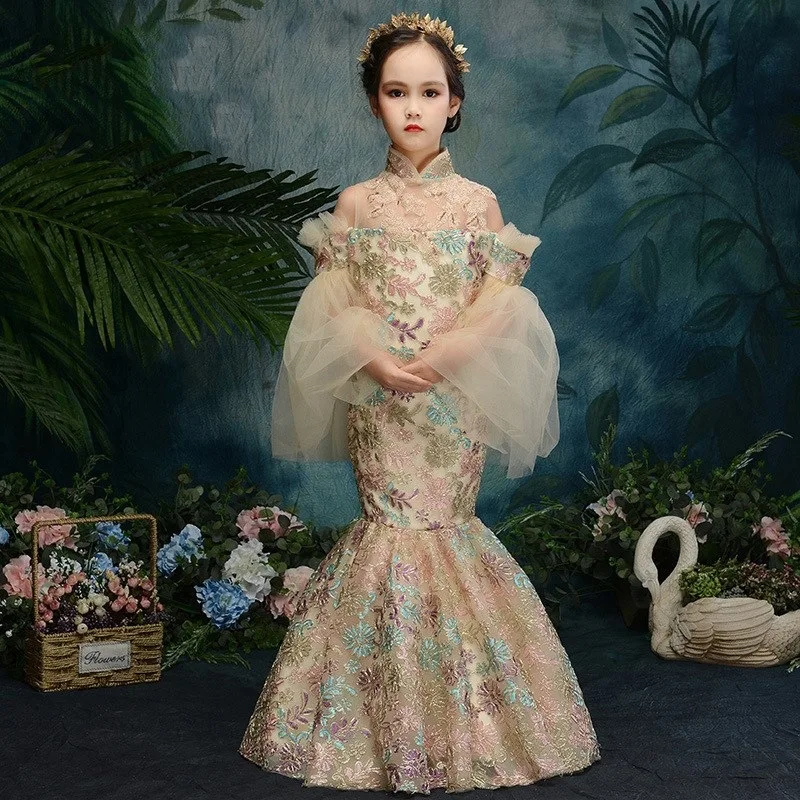 Mermaid Dress for Young Girls Infant Girls Flared Sleeves Embroidery Chinese Style Formal Dresses Kids Elegant Vintage Vestidos