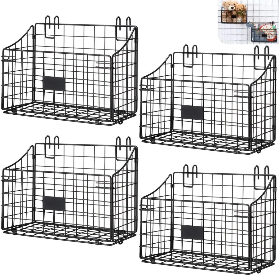 

Набор из 4 металлических настенных корзин с крючками, черные сетчатые подвесные корзины для хранения, аксессуары для дома, кухни, ванной комнаты