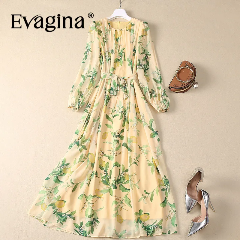 

Evagina Autumn Women's Dresses Lantern Sleeved Lace-UP waist cinching Vintage Print Beach Vacation Loose A Line Dresses