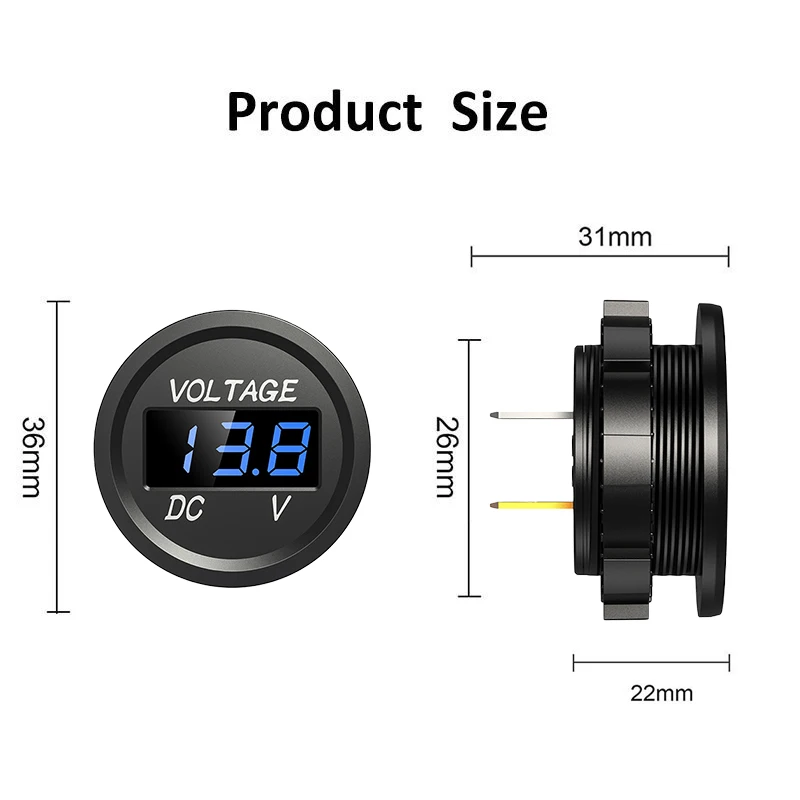 Voltímetro Digital con pantalla LED para coche, Mini probador redondo de voltaje de batería, medidor de calibre para motocicleta, barco, camión