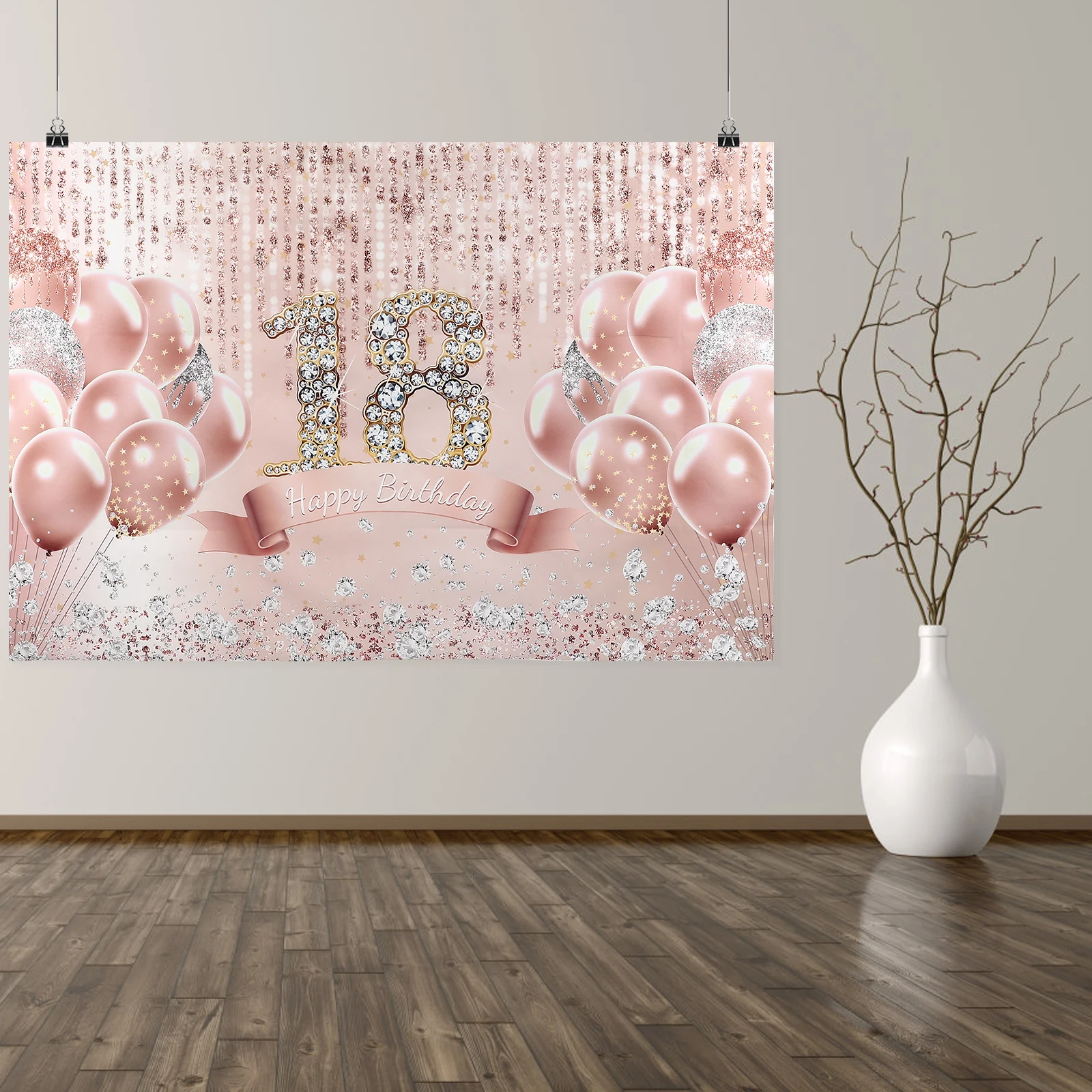 

Rose Gold Balloon Birthday Backdrop Banner Polyester Sturdy Durable Photo Booth Props Decoration 18th Party Supplies