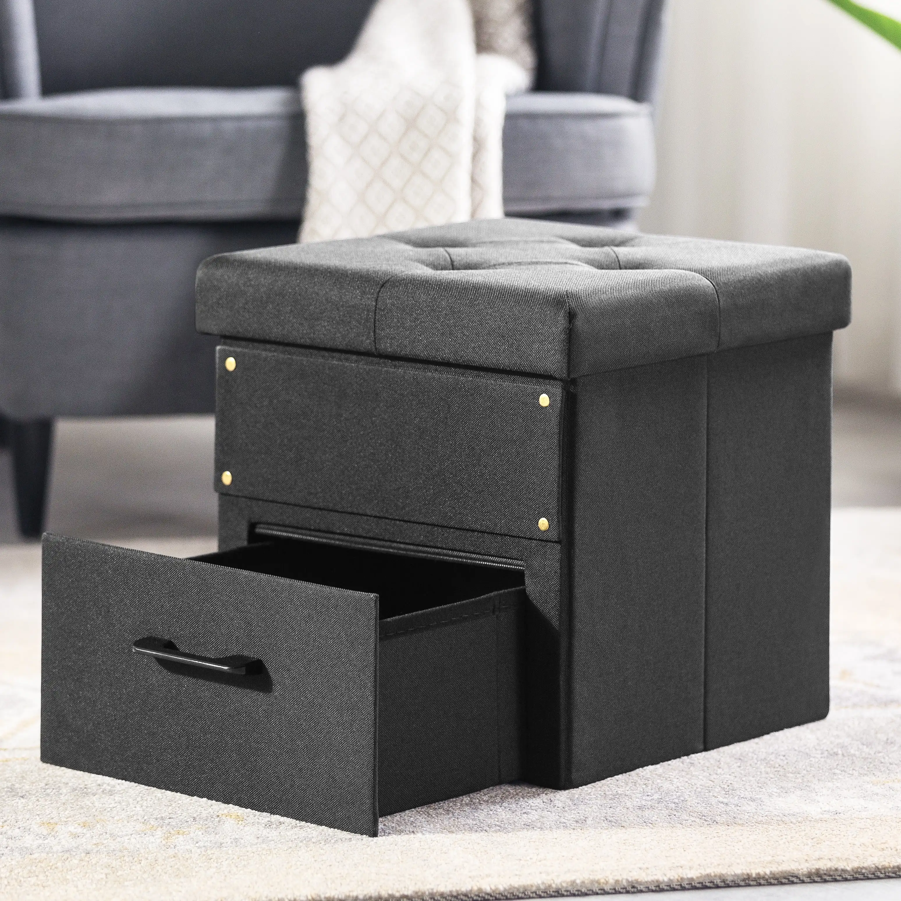 

Mellow Stockbox 15" Ottoman with Storage Drawer, Black