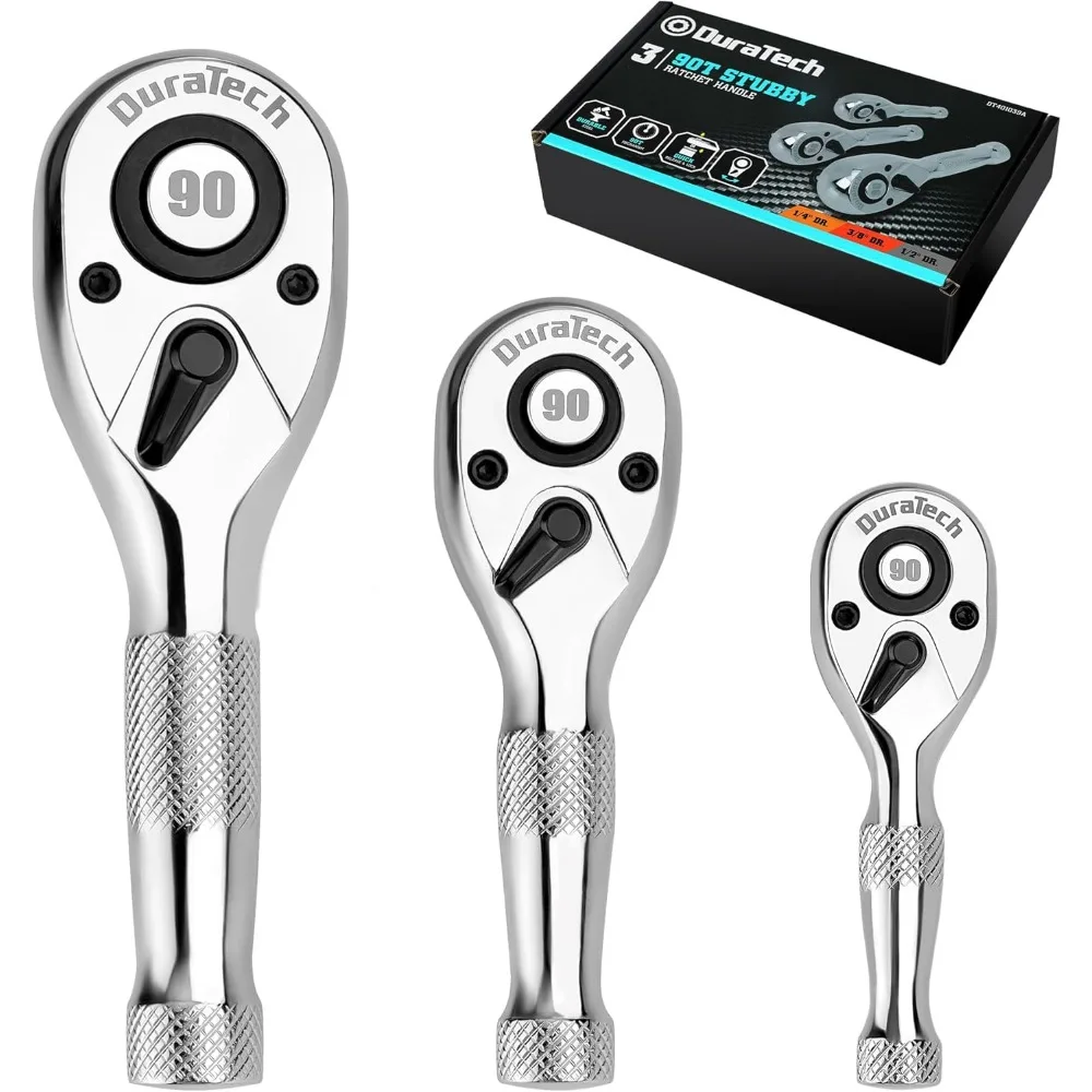 

3PCS Stubby Ratchet Wrench Set, 90-Tooth 1/4" 3/8" 1/2" Drive, Quick-Release & Reversible Design with EVA Organizer