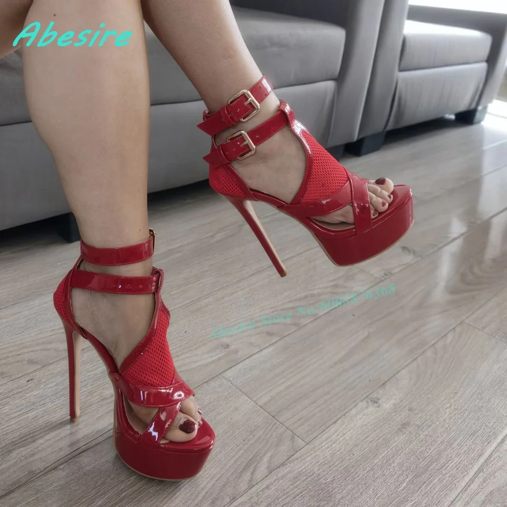 Air Mesh Hollow Out Belt Buckle Sandals Platform Open Toe Stiletto Heels Multi-Buckle Shoes for Women Spicy Girls Fashion Shoes