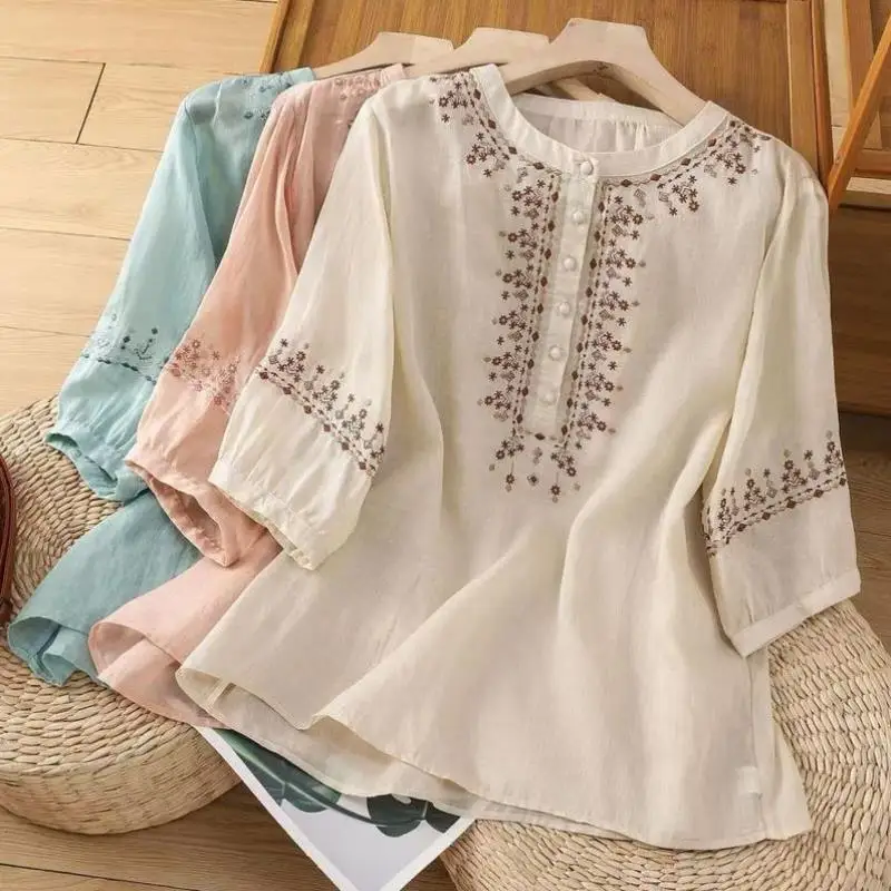 

Retro Cotton Linen irt Women's Five Sve Spring Season Casual Sport Suit ort Pants No Brand T-irt Sle Seven Sve