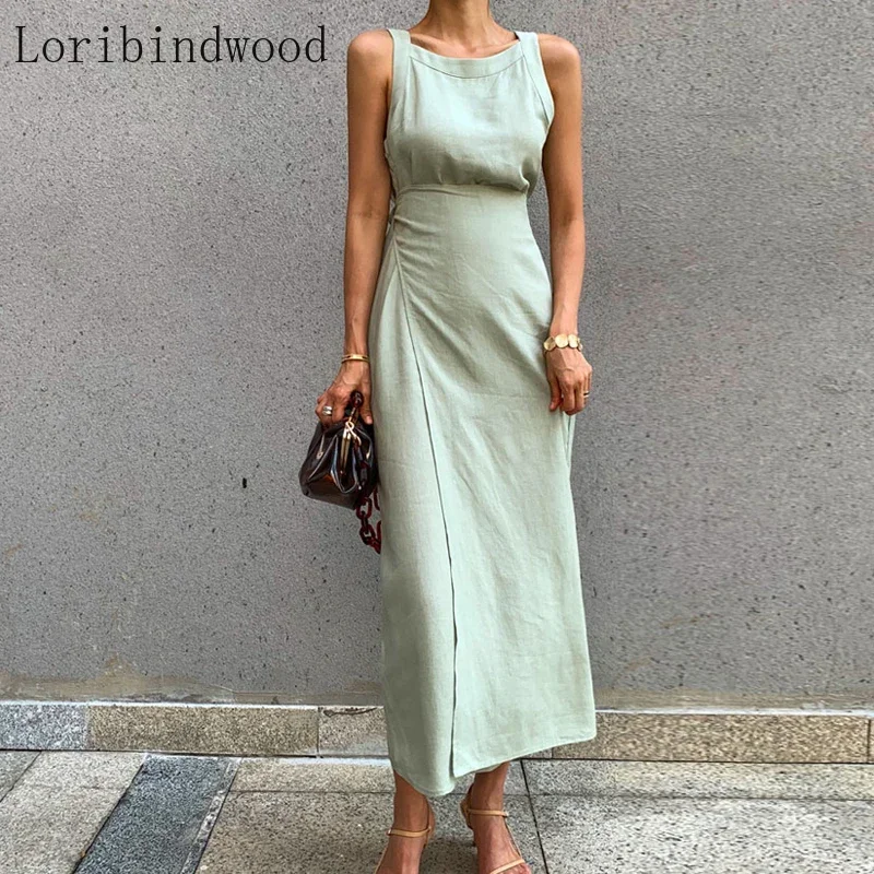 2023 New arrival Fashion Elegant Sleeveless Dress For Women O Neck Sleeveless High Waist Summer Solid Midi Dresses