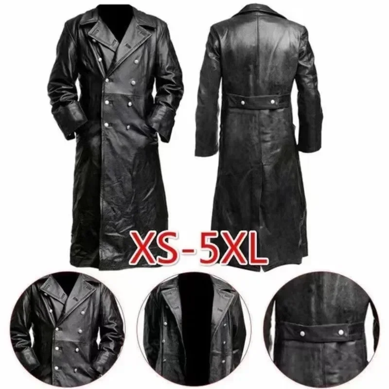 Black Leather raincoat officer military classic German menswear  coat men  long jackets for men