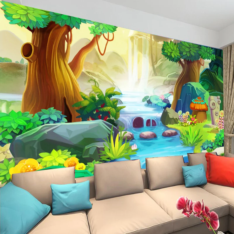 Custom 3D Mural Wall paper Cartoon Big Tree Forest River Wall Mural Kids Room Bedroom Backdrop Photo Wallpaper Decor Papel Tapiz