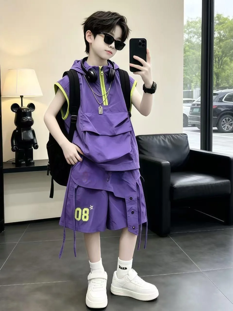 boys-summer-casual-sports-wear-set-short-sleeve-shorts-two-piece-suit-breathable-lightweight-comfortable-polyester-blend