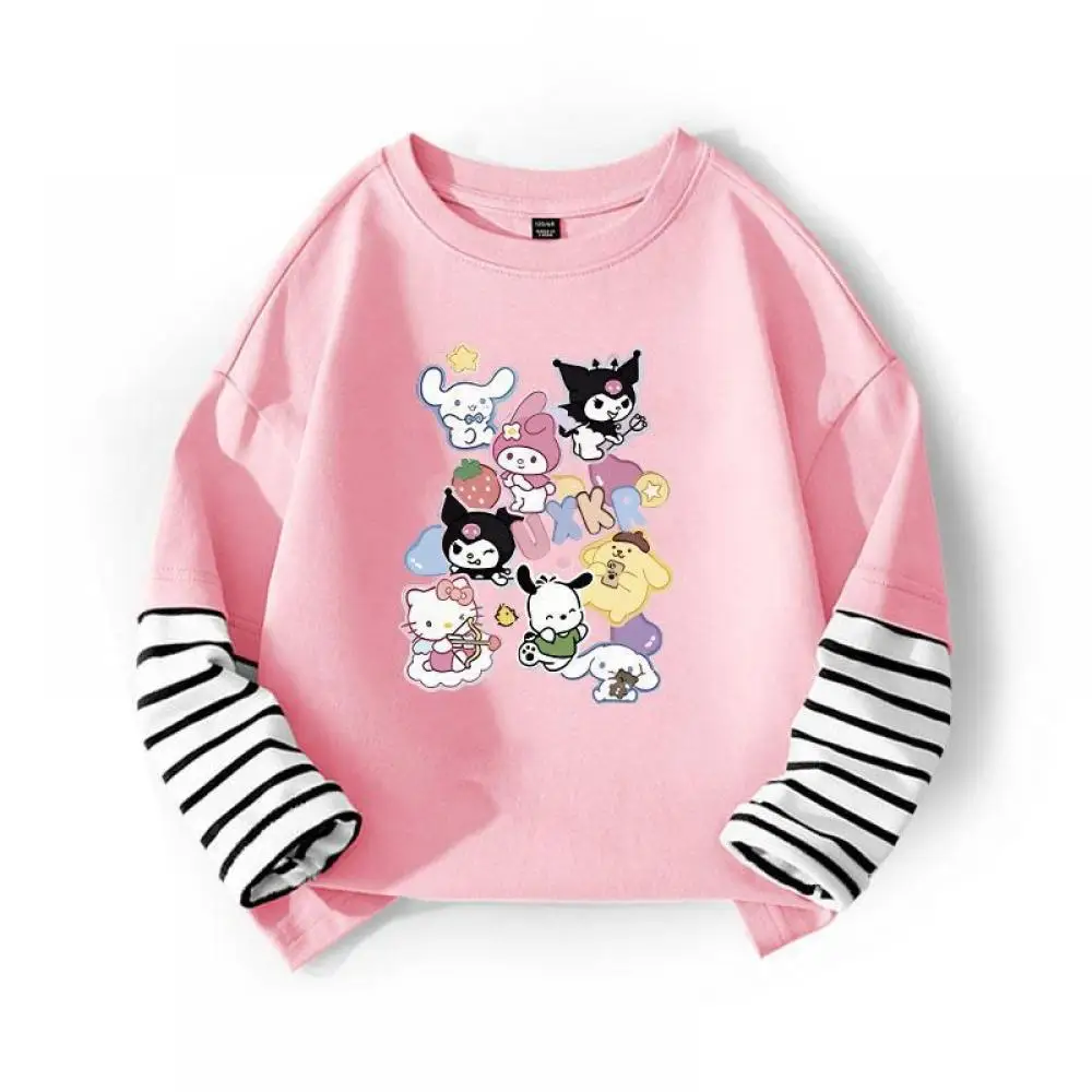 

Kuromi My Melody Hello Kitty Children Print T-Shirt Two Pieces Patchwork Long Sleeve Sweatshirt Casual Girls Boy Tops