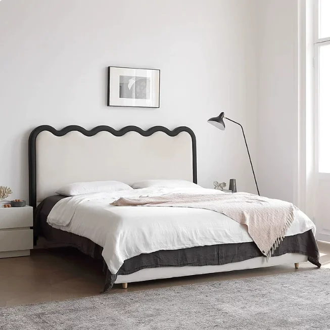 #French Retro Ripple Bed, Antique High-end Fabric Master Bedroom Double Bed, Soft Package Solid Wood Double Bed With Cream Style
