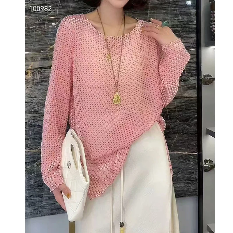 High End Spring And Summer New O-Neck Silk + Velvet Fabric Long Sleeved Plaid+Dot Pattern Women's Shirt S-XL