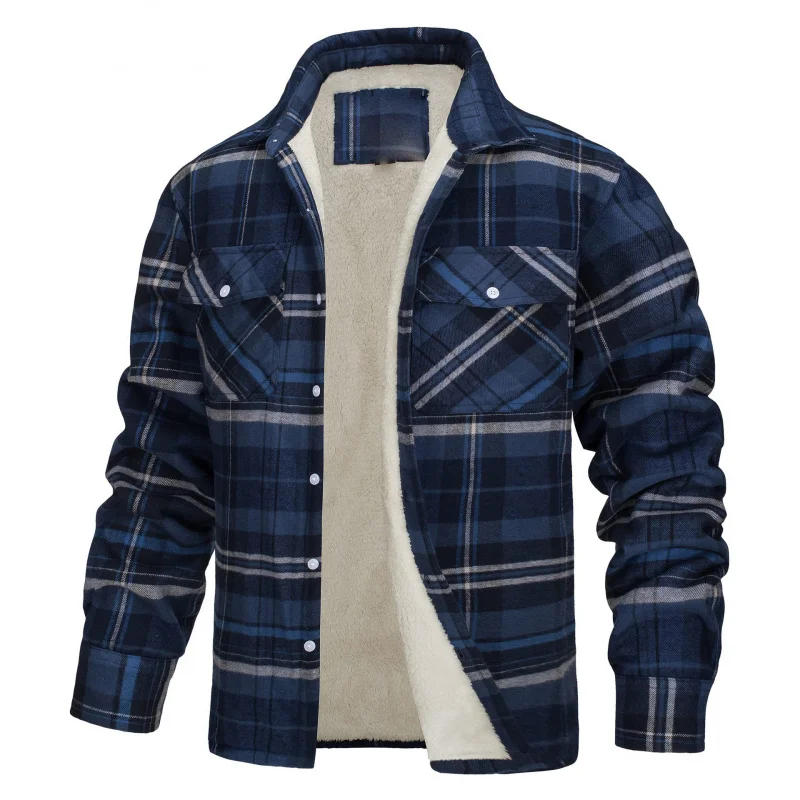 

DAVIDSHAO EU US Size Winter Outdoor Long Sleeve Turn-Down Collar Plaid Thick Shirt Men Fleece Lining Jacket