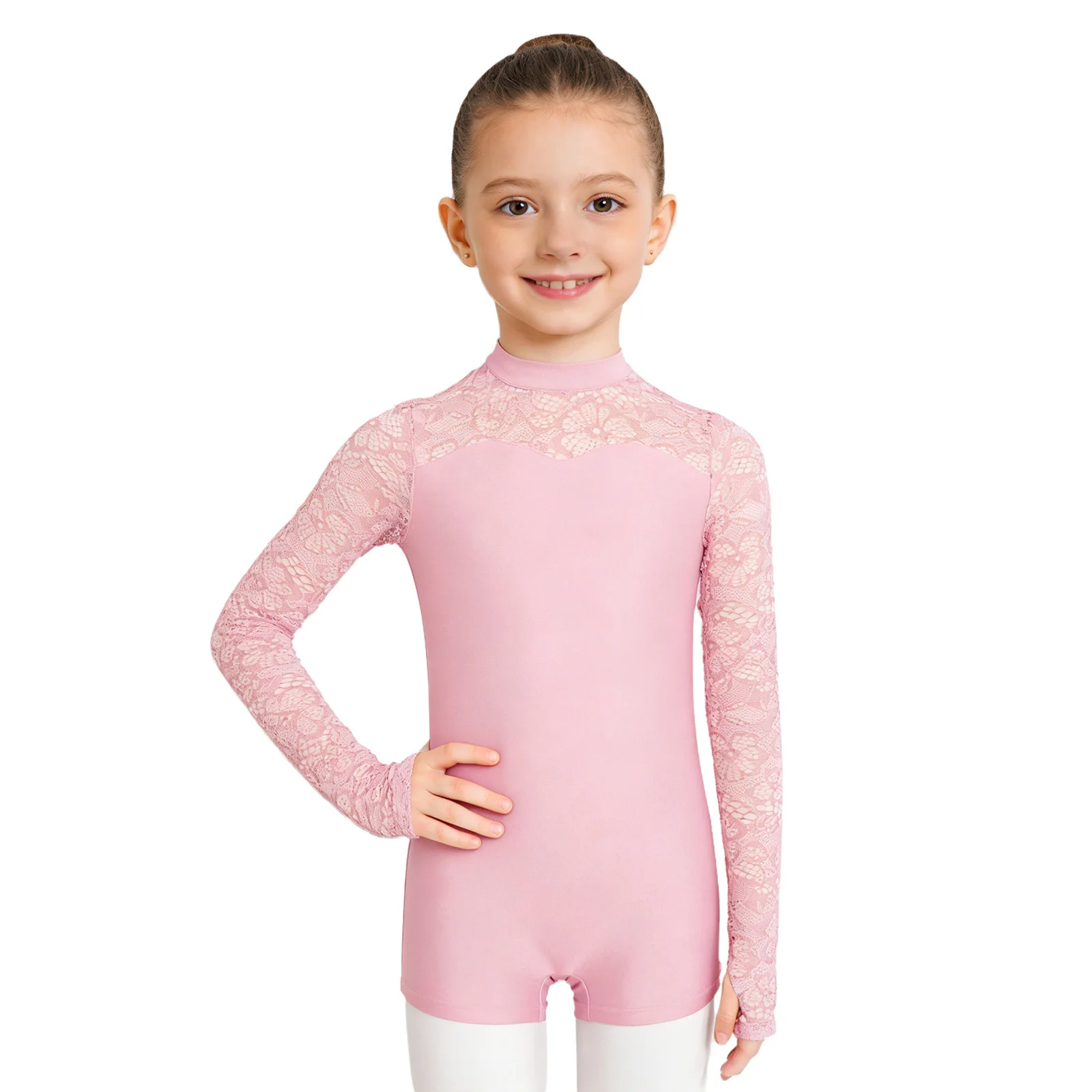 Children's Lace Patchwork Artistic Gymnastics Bodysuit Girls Ballet Dance Unitard Dance Jumpsuit Long Sleeves Gymnastic Bodysuit