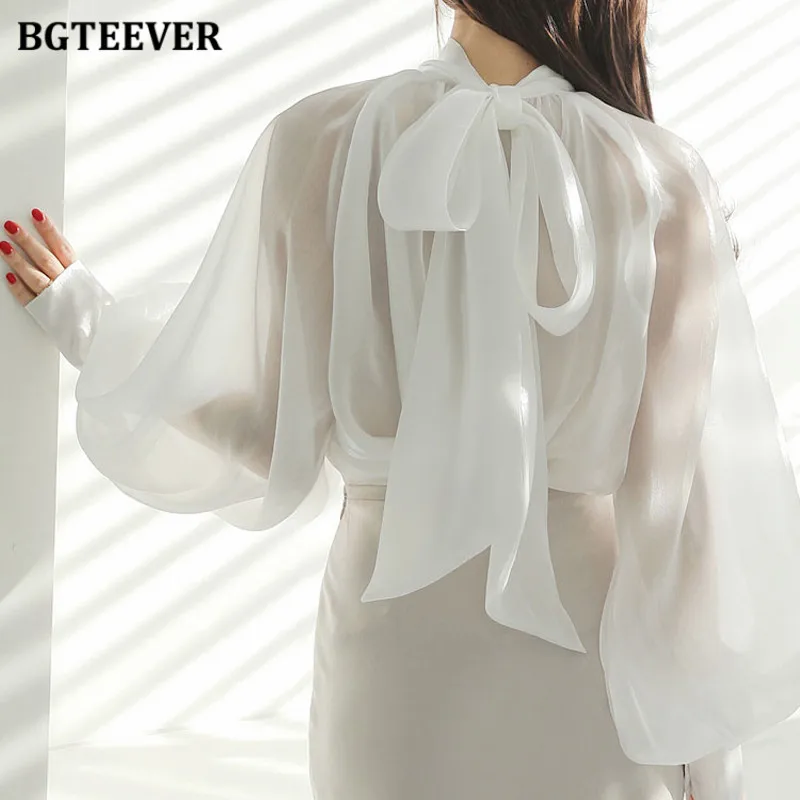 BGTEEVER Elegant Loose Lantern Sleeve Female Blouse Stylish Lapel Bow Women Pullovers Shirts Ladies Blusas