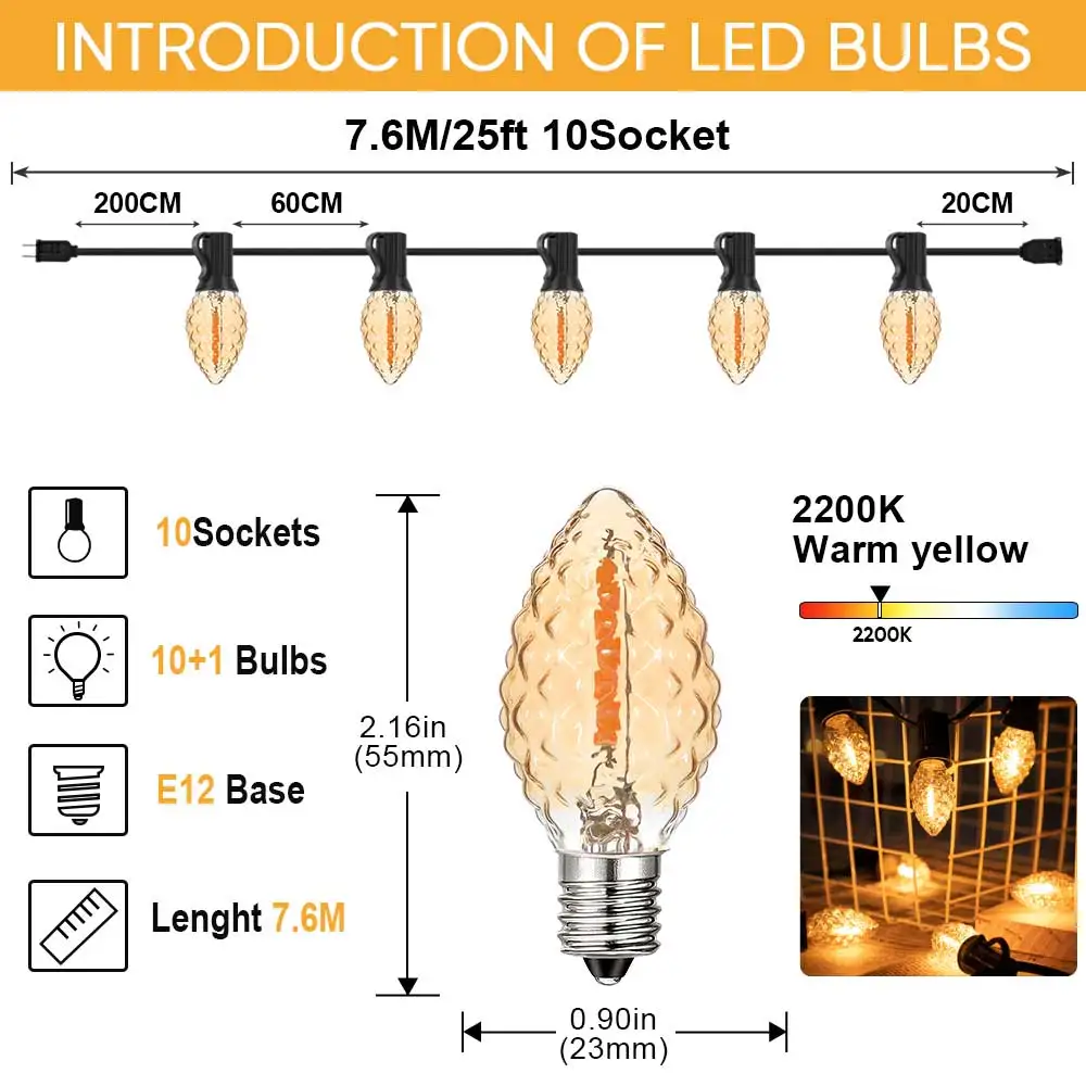 Connectable LED Candle String Lights C7 E12 0.5W Amber Glass Light Bulb Vintage Outdoor Hanging Light for Garden New Year's Deco