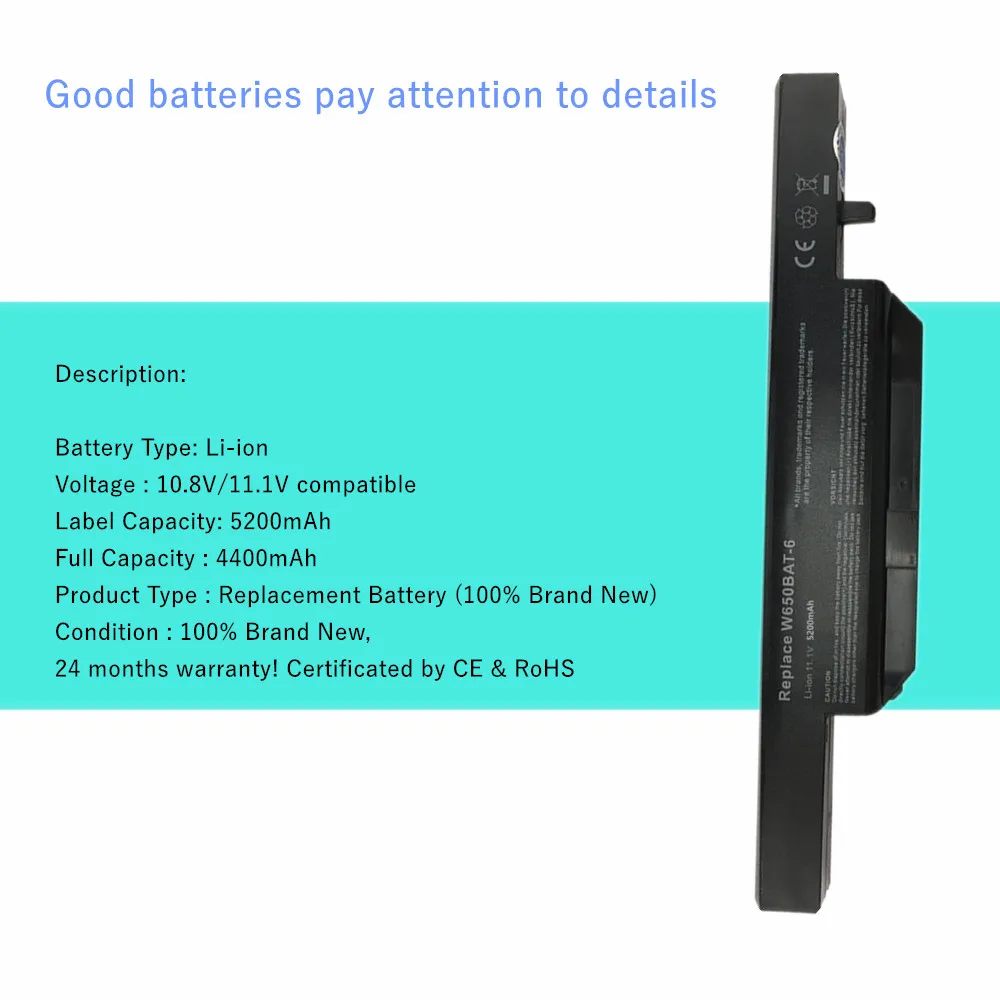 6 Cells Laptop Battery for Clevo W650BAT-6 6-87-W650-4E42 K590C-I3 K610C-I5 K570N-I3 K710C-I7 G150S K650D K750D K4 K5 P4