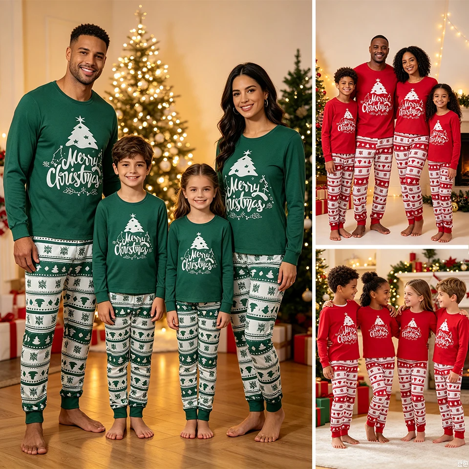 Merry Christmas Tree Print Matching Family Christmas Pajamas Festive Children Sleepwear Women Men Kids Toddlers Xmas Loungewear