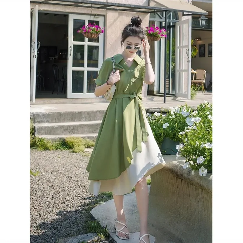 

Women 2023 Summer New French Retro Gentle Style V-Neck Waist Slim Mid-Length Dress Female Grace A-Line Dress Lrregular Dress