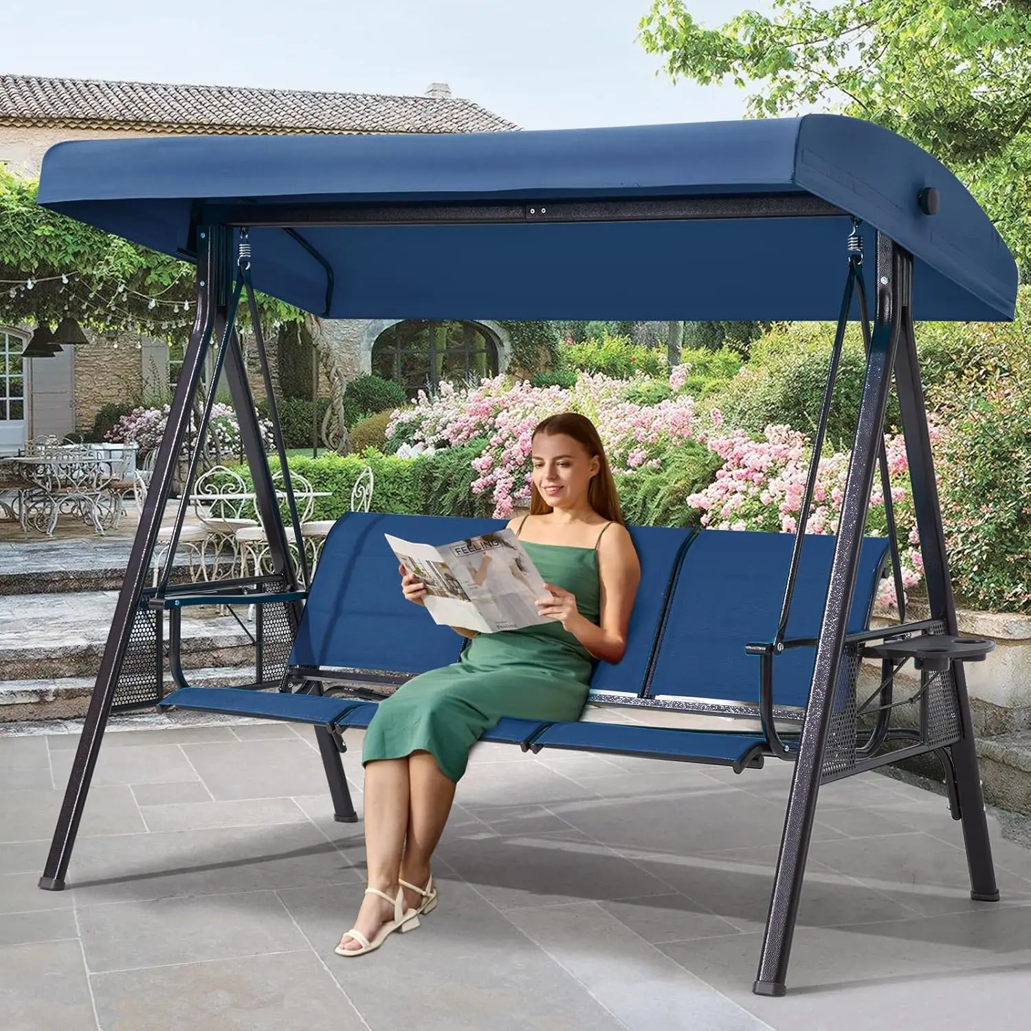 3 Seat Outdoor Swing With Canopy, Patio Swing Chair With Textilene Backrest & 2 Cup Holders For Backyard, Porch, Garden (Blue)