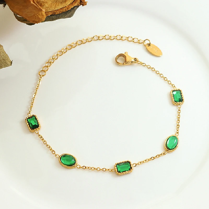 Emerald Zircon Inlaid Bracelet Ins Accessories Stainless Steel Vintage Hand Ornaments Gold Plated Bracelets Women Luxury Jewelry