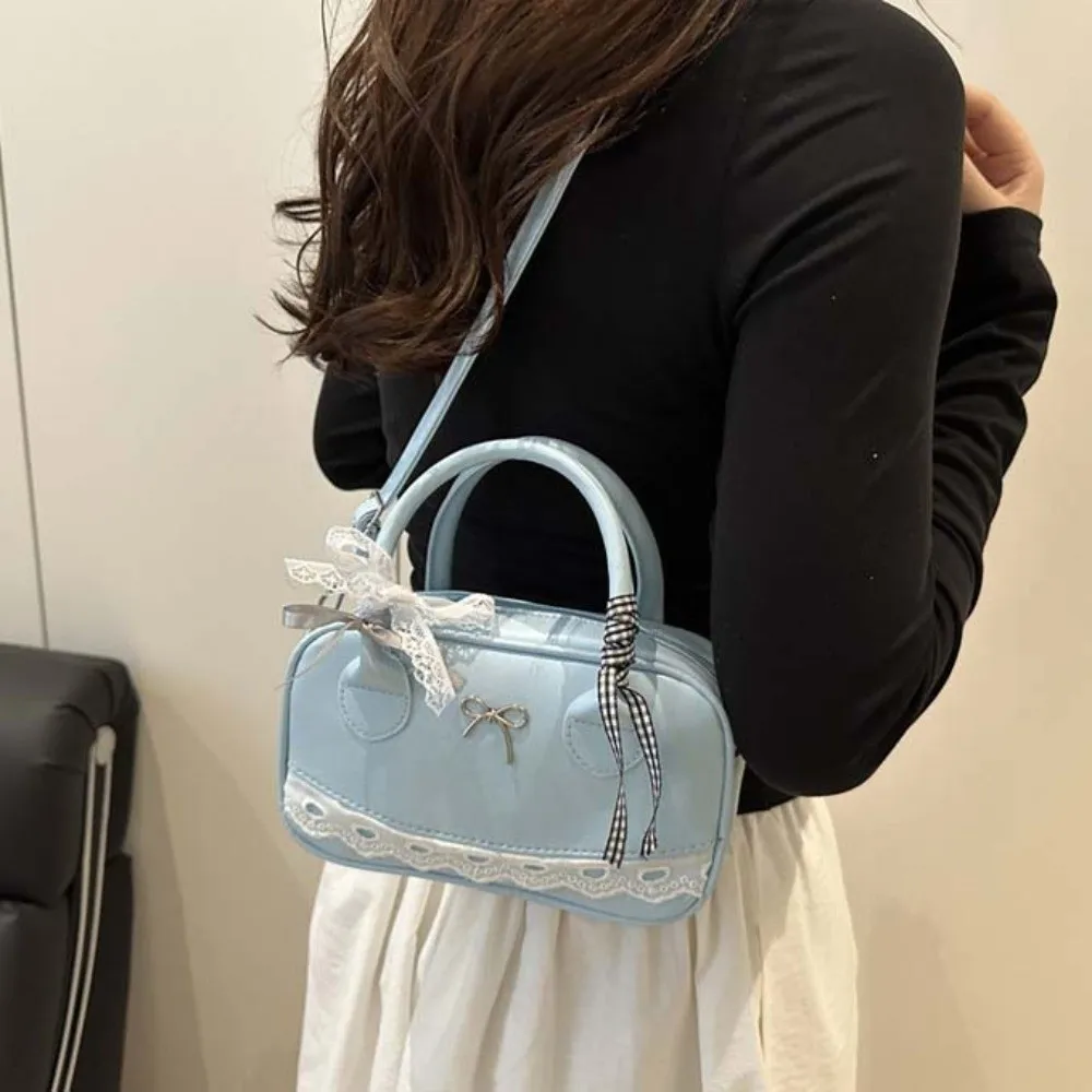 كل مباراة بو الجلود بوسطن حقيبة يد القوس شريطة من الدانتيل Crossbody البولينج حقيبة الملمس الكورية نمط حقيبة مربعة صغيرة يوميا