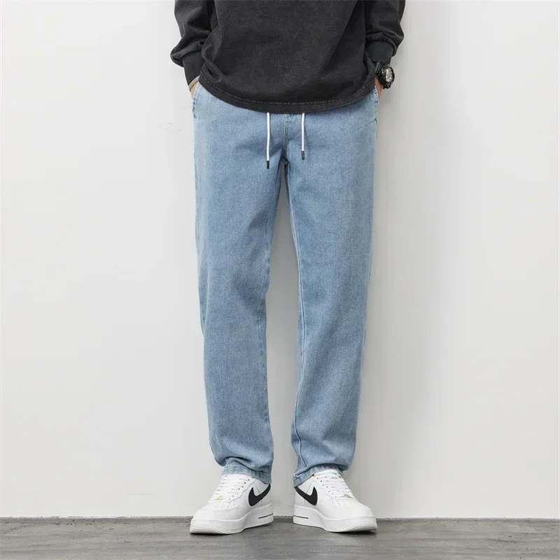 Men's Spring and Autumn Jeans Loose Straight Leg Simple Casual Elasticated Waist Trousers Washed Denim