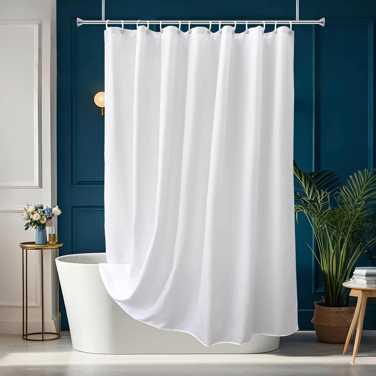 White Bath Curtain Waterproof Polyester | Soft to Touch Machine Washable | Weighted Bottom Keep in Place | Reinforced Top Hem &