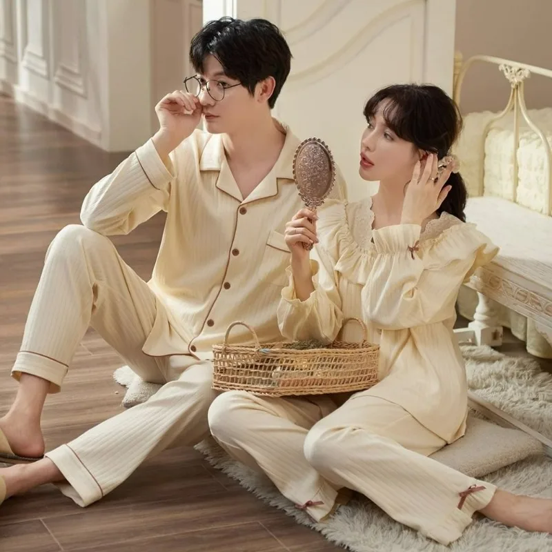 Spring Couple Pajamas Women Pure Cotton Long Sleeve Trousers Sweet Leisure Sleepwear Set Men Simplicity Loose Homewear Suit 2024