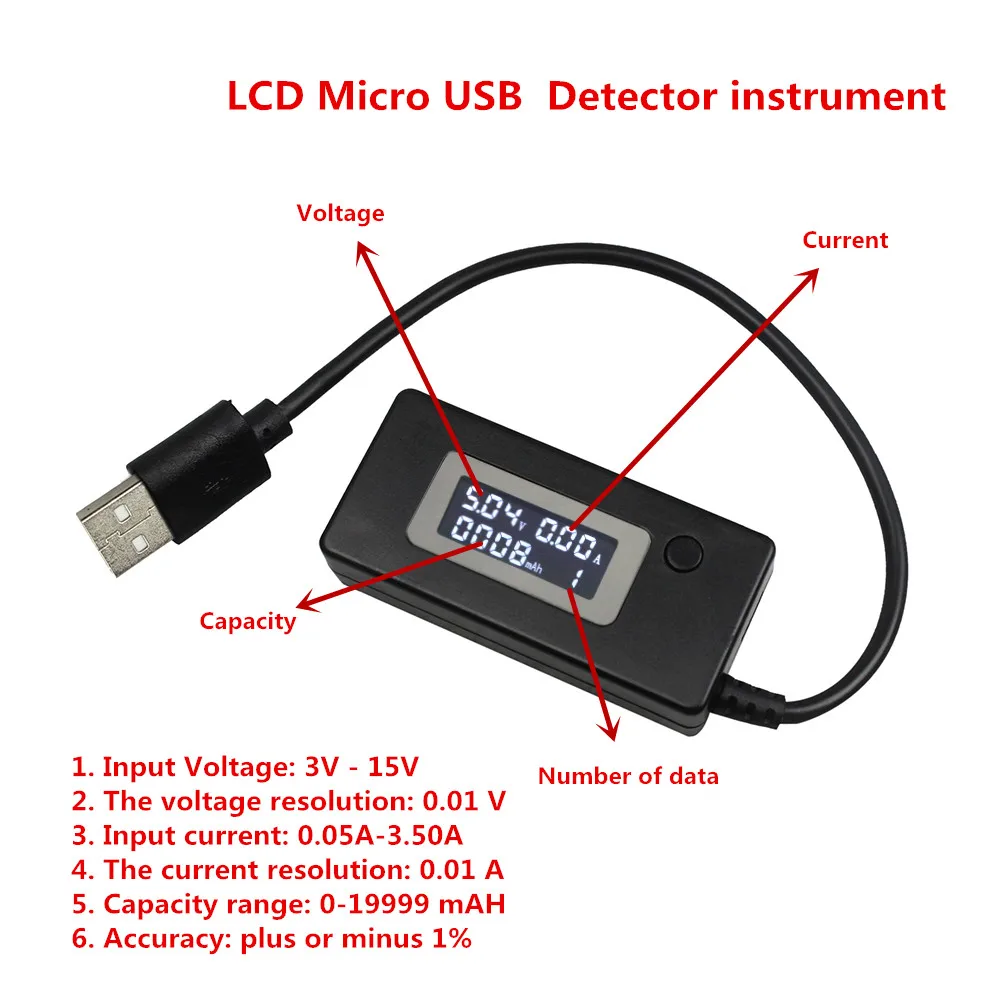 LCD Micro USB Charger Battery Capacity Voltage Current Tester Meter Black+USB Mini Discharge Load Resistor 2A/1A with Switch