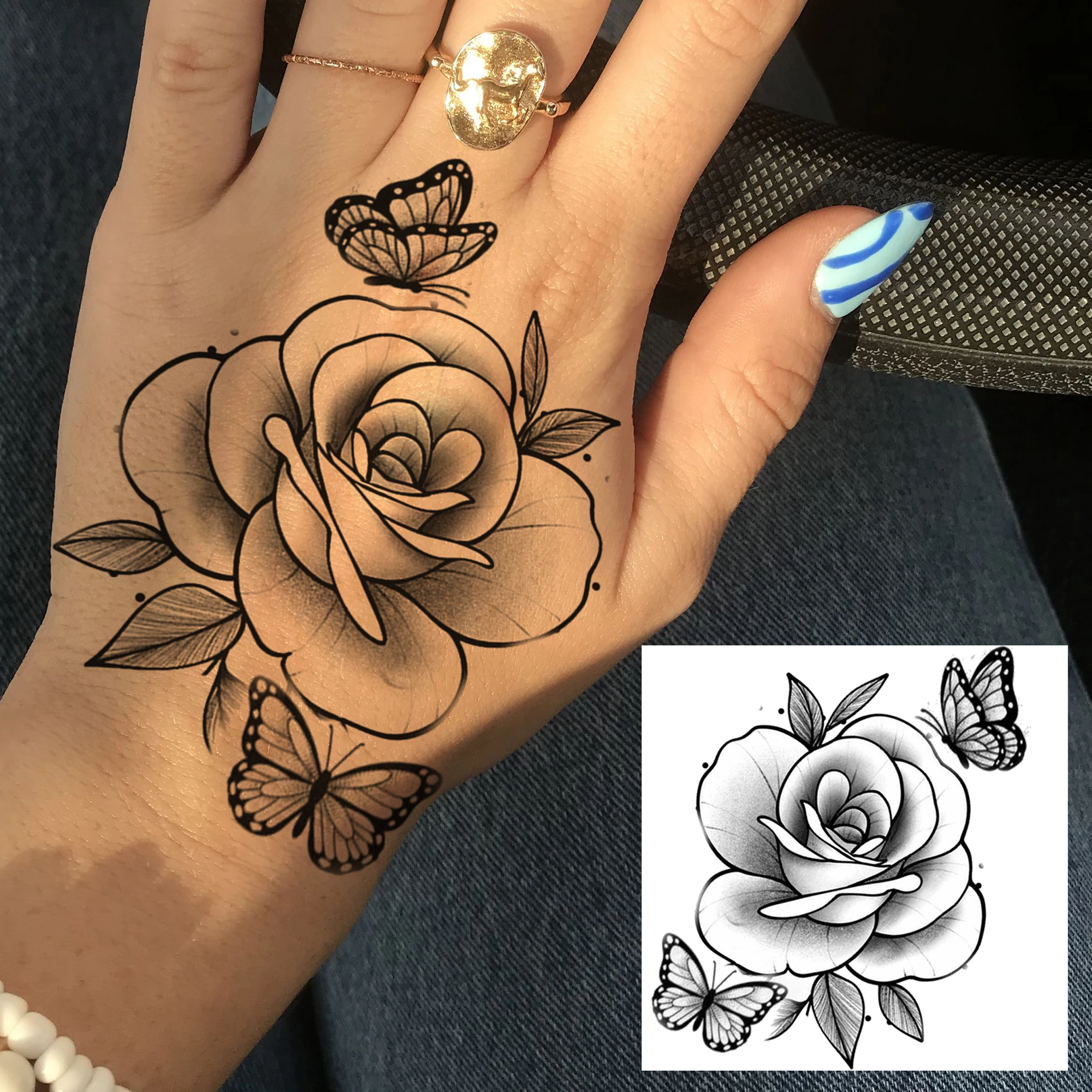 1 Sheet Rose Feather Flower Bird Temporary Tattoos Adult Hand Shoulder, Fake Tattoo Sticker Daily Use Last Long Realistic Tatoos - view 6