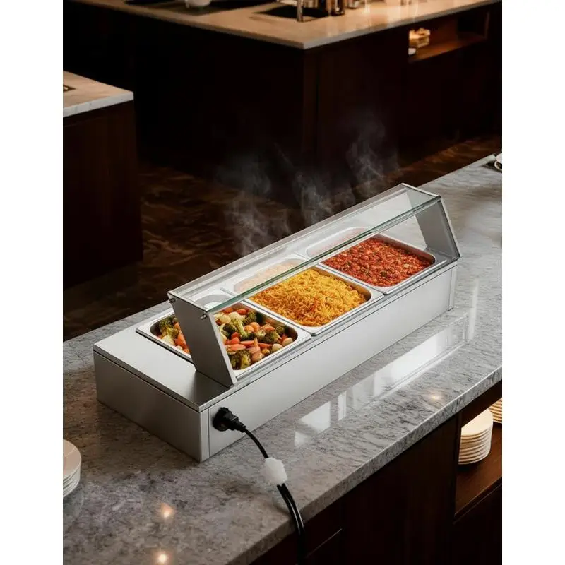 Chauffe-plats professionnel avec couvercle en verre et 3 bacs (taille 1/2) 1,5 kW, chauffe-plats de buffet en acier inoxydable, station de chauffe-plats à bain-marie pour restaurants, fêtes et buffets