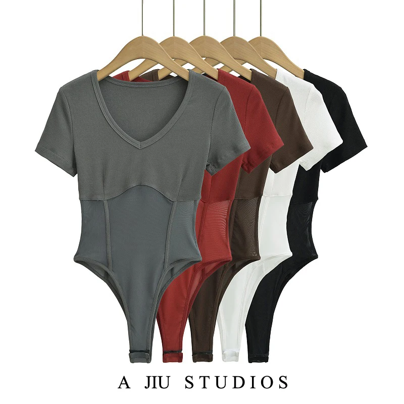 

Street Sle Pure Desire Sexy ort Sve Bodysuit Me Splice Slim Fit See tough V Ne Summer T irt for Women