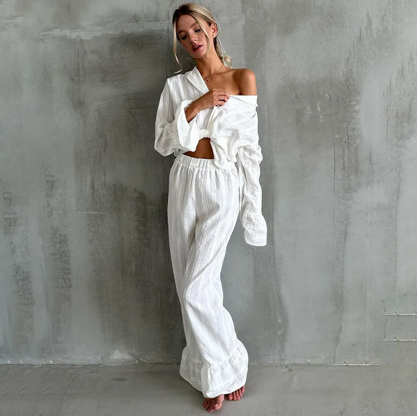 

Casual Women Nightgown 2 Piece Pant Suit Long Sleeve Nightwear Turn-Down Collar Sleepwear Pants Loose Home Clothes Ladies