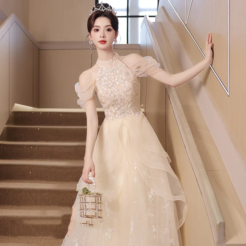 

Delicate Sequin Halter Prom Dress for Women Light Luxury Off Shoulder Slim Long Party Gown Lady Performance Dress