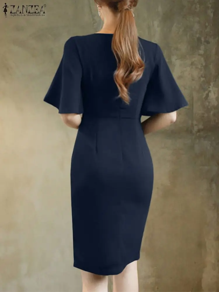 Sexy Tight Dresses Women ZANZEA Elegant Office Lady Fashion Ruffle Sleeve O-neck Cinched Waist Short Vestidos OL Sheath Dress