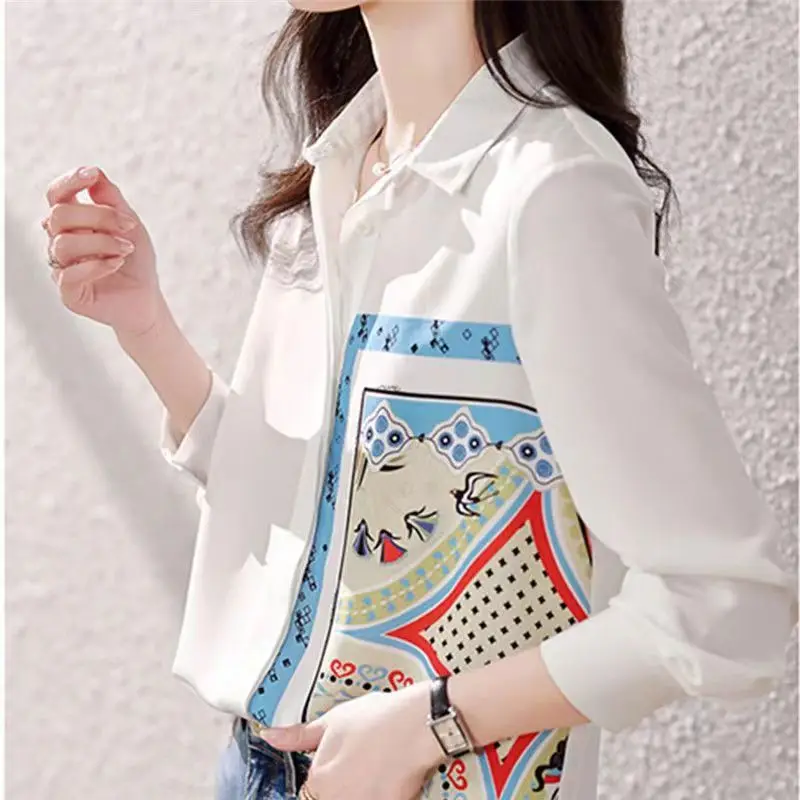 봄 한국 스타일 루즈핏 프린트 롱 슬리브 여성 쉬폰 셔츠 트렌디 디자인 캐주얼 편안한 폴리에스터 혼방
