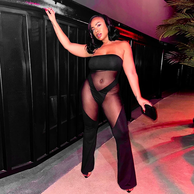 CUTENOVA 2025 春と夏の新女性のセクシーなシースルーバストスリムパッチワークフレアパンツジャンプスーツナイトクラブパーティー着用