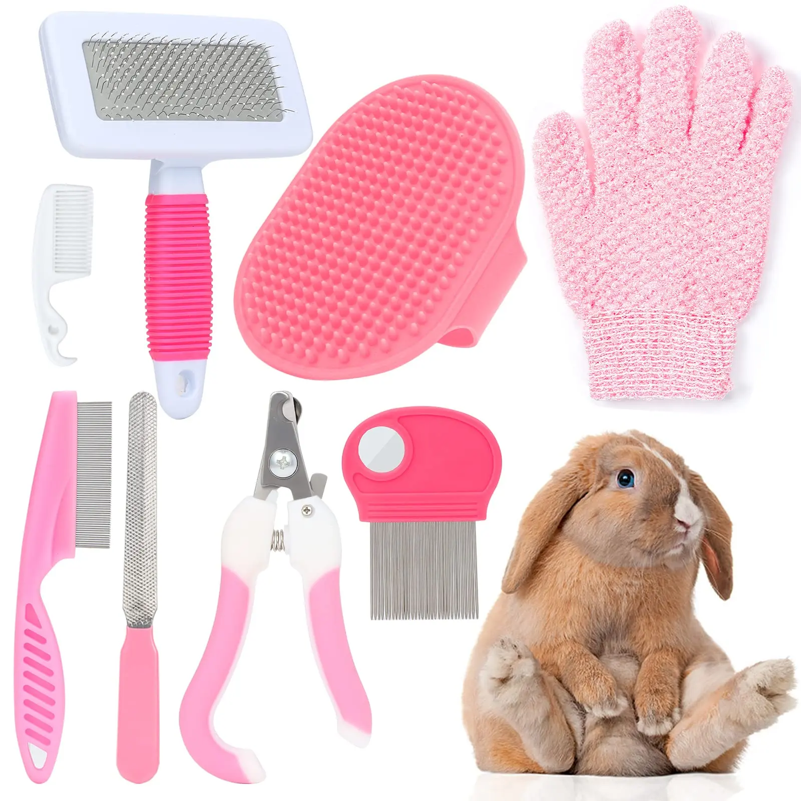 

8-piece small animal pink beauty set rabbit beauty set with pet nail clippers and file flea comb