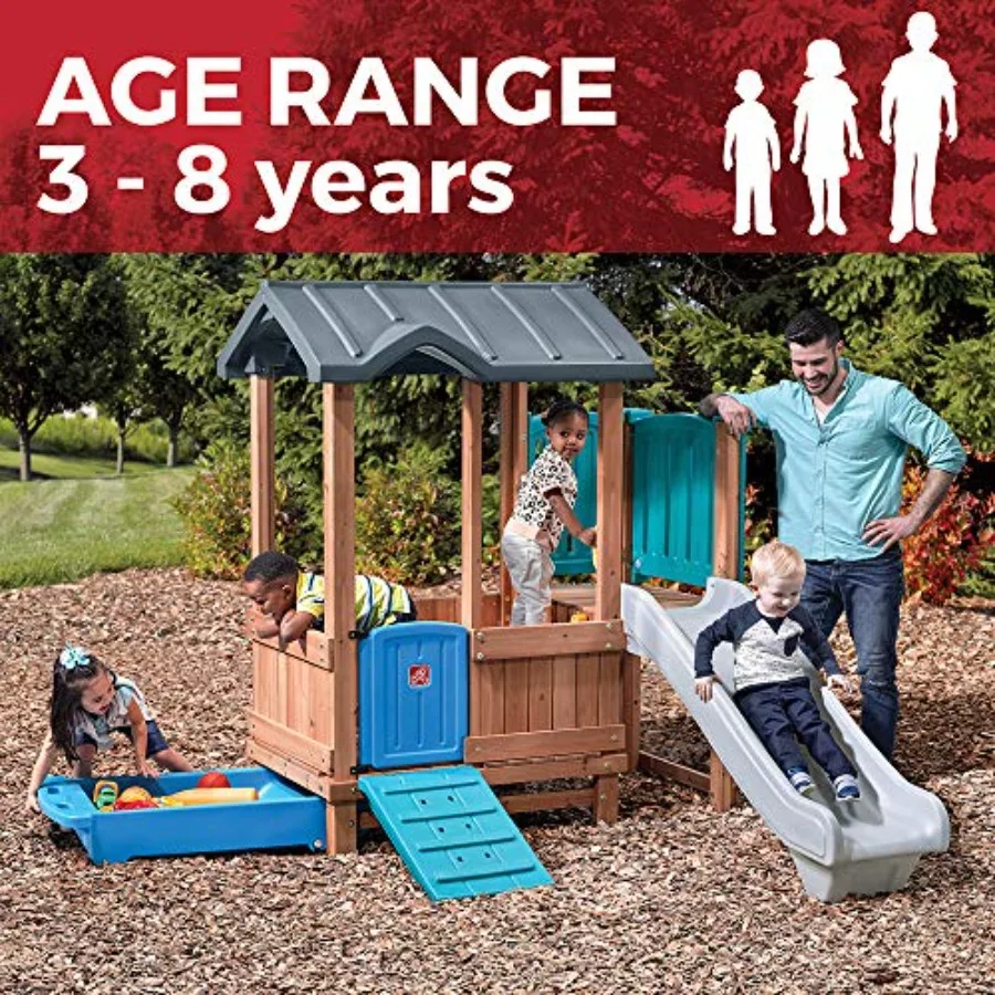 Woodland Adventure Playhouse & Slide, ensemble de jeu extérieur pour enfants, ensemble de terrain de jeu d'arrière-cour, balançoires, tiroir de rangement, en bois et dur