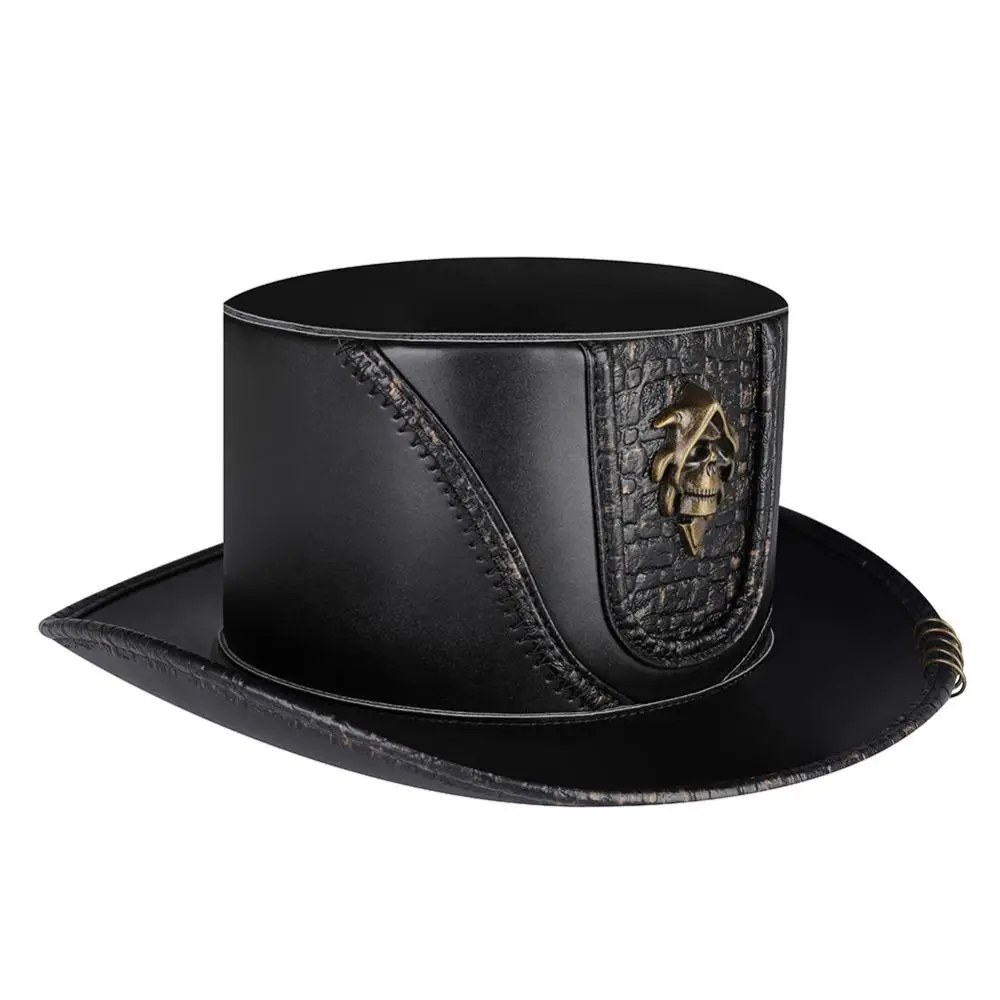 Unisex Perfor Gentleman Fedora Streampunk Pu Leather Black Patchwork Cap Metal Skull Decorative Plague Doctor Dome Magic Hat