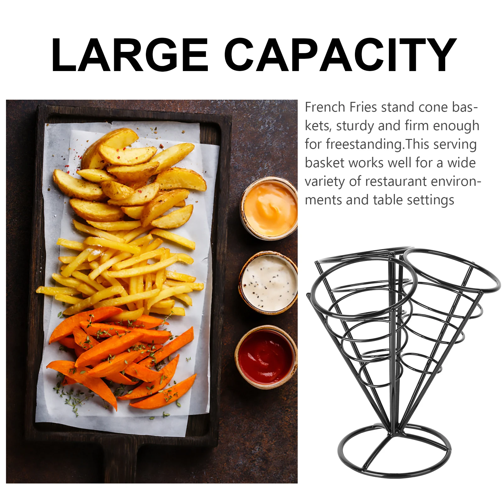 

1Pc Black French Fries Stand Stable Base Stainless Steel Cone Holders For Restaurant Environments Table Settings
