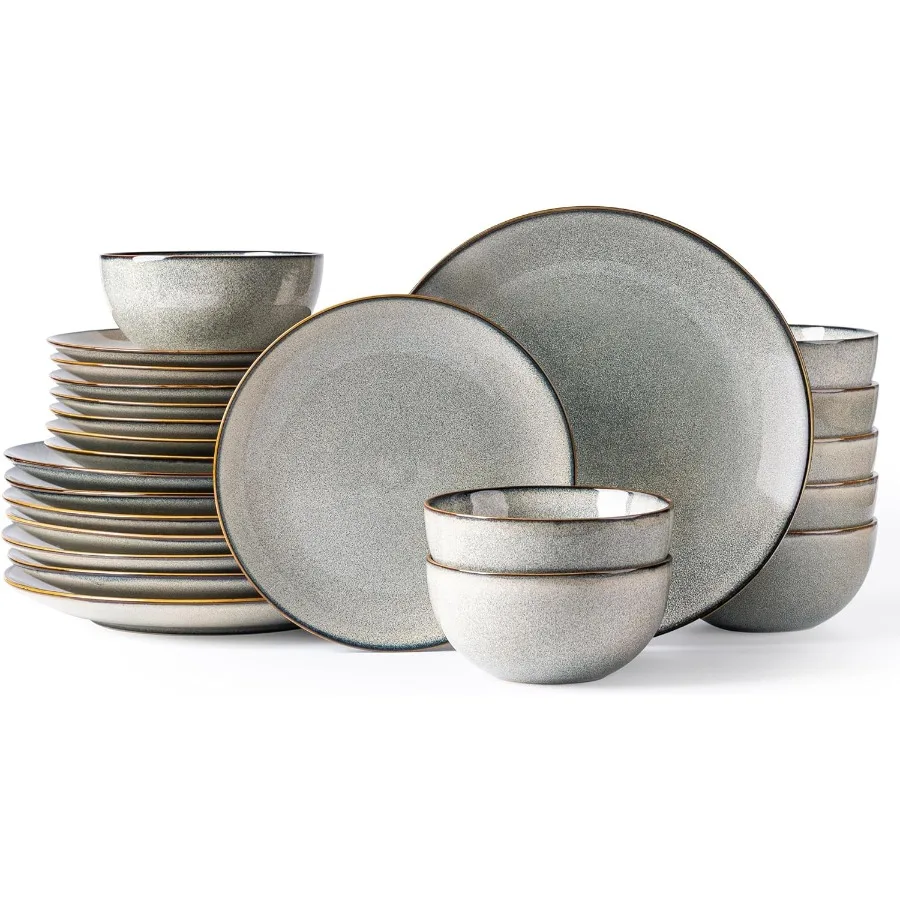 Ceramic Dinnerware Sets for 8 Including 24 Pieces Stoneware Plates and Bowls with Reactive Glaze Ideal for Everyday Dining and