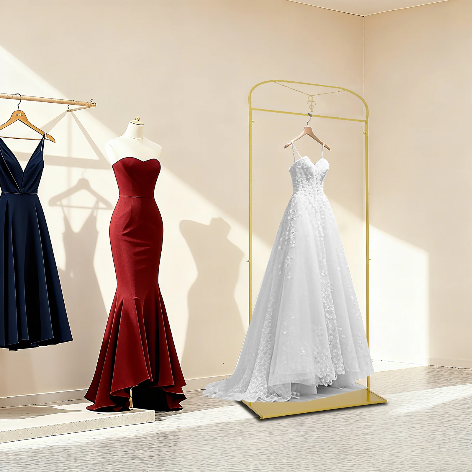 

Стойка для демонстрации золотых платьев (стальной материал) — нано-краска для выпечки, антикоррозийная/прочная, грузоподъемность 44,09 фунтов и высота подвешивания 6,4 фута