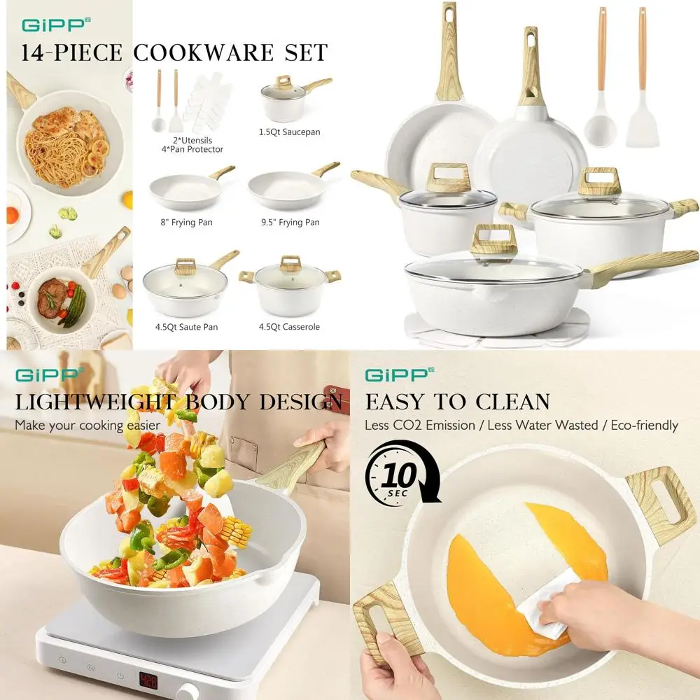 

14-Piece White Granite Nonstick Induction Cookware Set with Frying Pans, Saucepans, Silicone Utensils - PFOS & PFOA Free