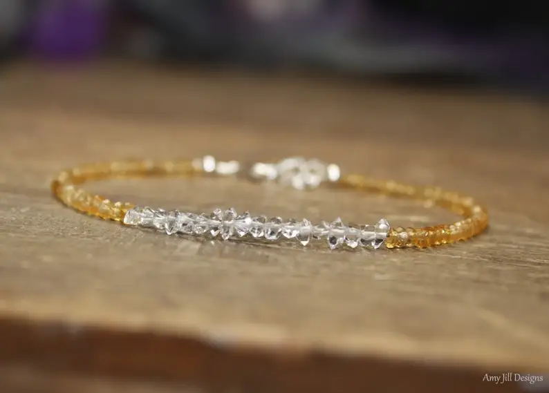 Citrine Herkimer Diamond Bracelet, Citrine Jewelry, November Birthstone, Beaded, Stacking Bracelet, Gemstone Jewelry