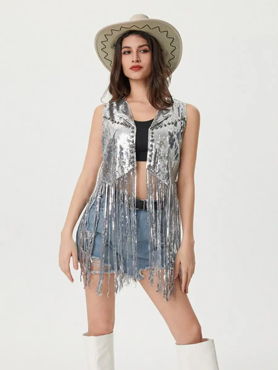 

New Festival Sequin Fringe Jaet Women's Cardigan Vest ort Sle Bright Sparkling Crop Top for Par And Celebration
